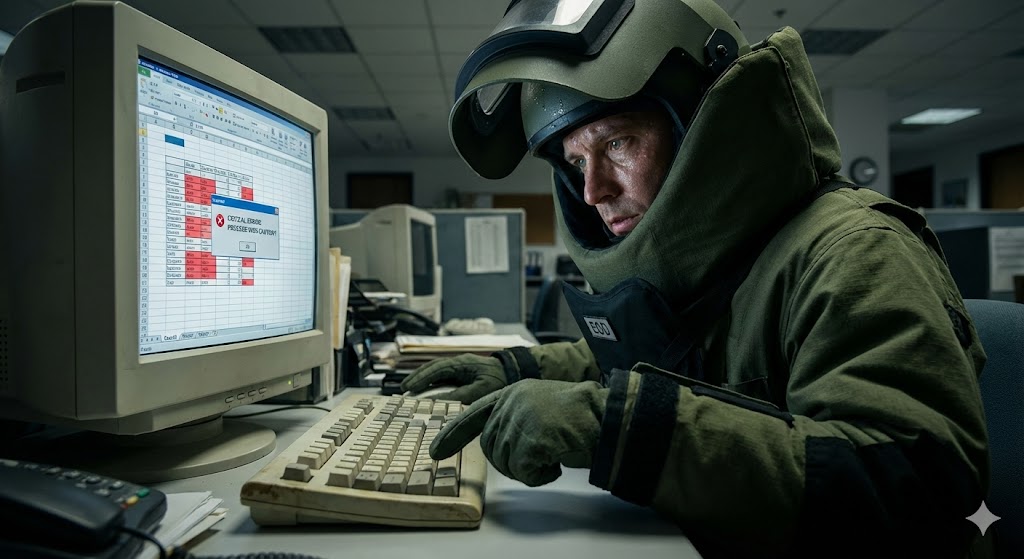 Man wearing a heavy bomb disposal suit carefully pressing a key on an old computer displaying a spreadsheet critical error, humorously symbolizing the high stress of manual data entry